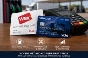 WEX and Voyager fleet cards displayed beside a payment terminal with a fuel station and semi-truck in the background.