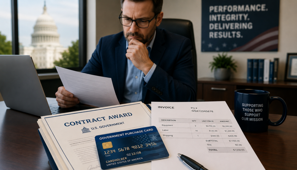 Government contractor reviewing a contract award, invoice, and government purchase card payment documents at an office desk