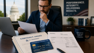 Government contractor reviewing a contract award, invoice, and government purchase card payment documents at an office desk