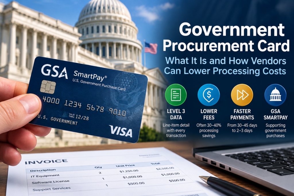 Government procurement card with Level 3 transaction data and invoice in front of the U.S. Capitol