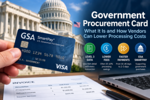 Government procurement card with Level 3 transaction data and invoice in front of the U.S. Capitol