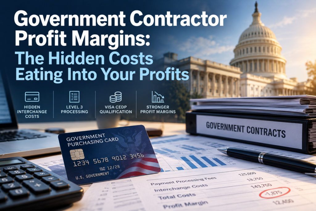 This image illustrates Government contractor profit margins affected by hidden interchange costs, government purchasing card processing, Level 3 data and Visa CEDP qualification