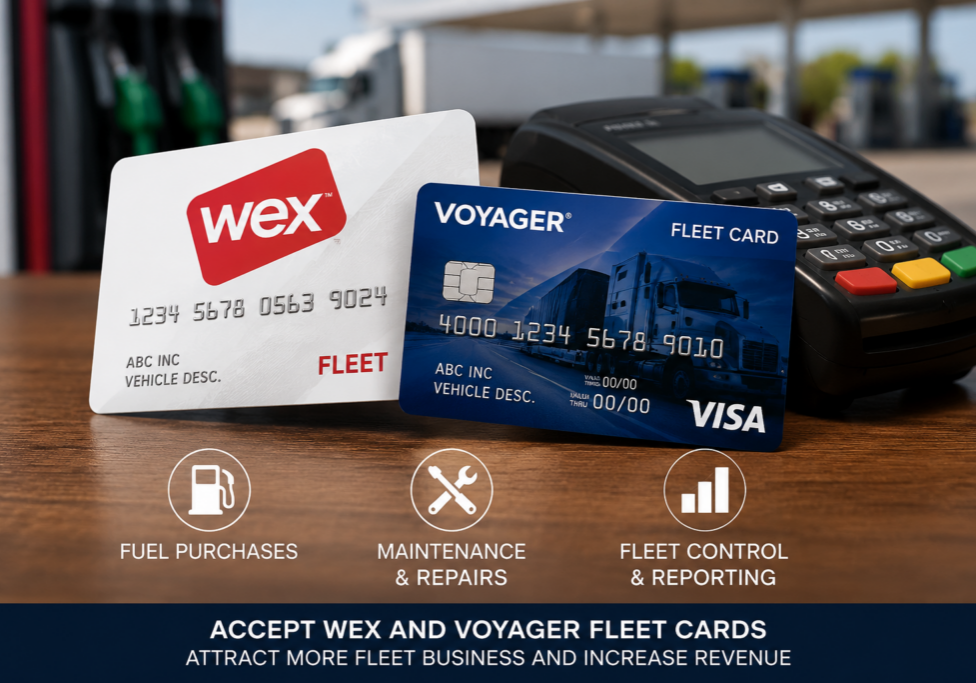 WEX and Voyager fleet cards displayed beside a payment terminal with a fuel station and semi-truck in the background.