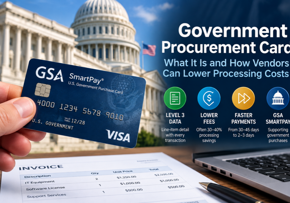 Government procurement card with Level 3 transaction data and invoice in front of the U.S. Capitol
