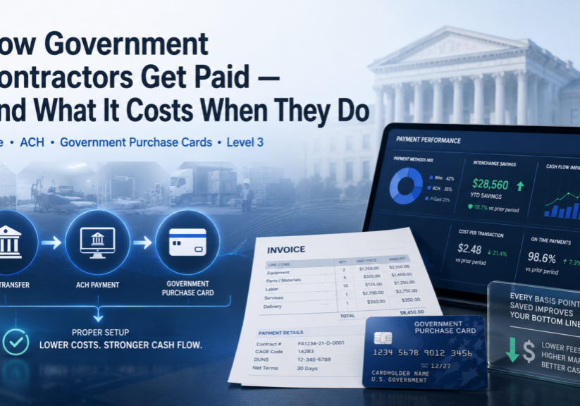 How government contractors get paid by ACH, wire transfer, and purchase card, with Level 3 processing reducing eligible card fees.