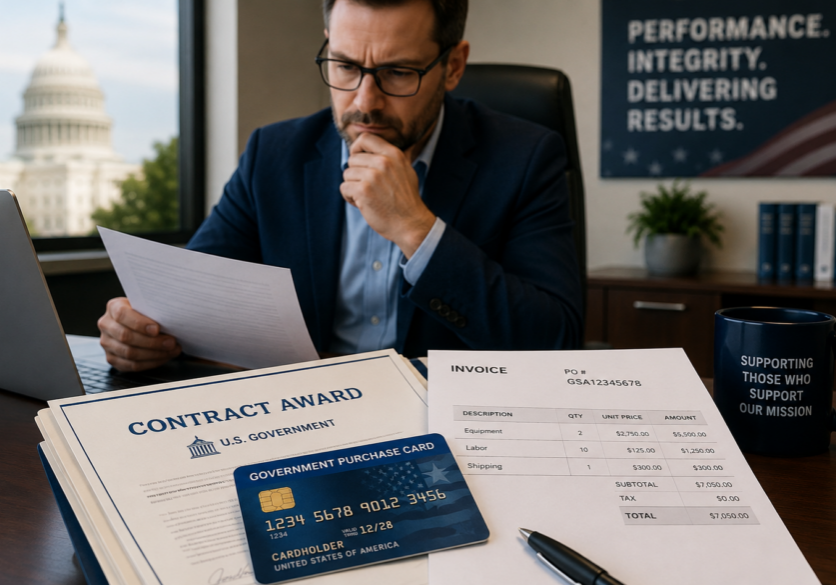 Government contractor reviewing a contract award, invoice, and government purchase card payment documents at an office desk